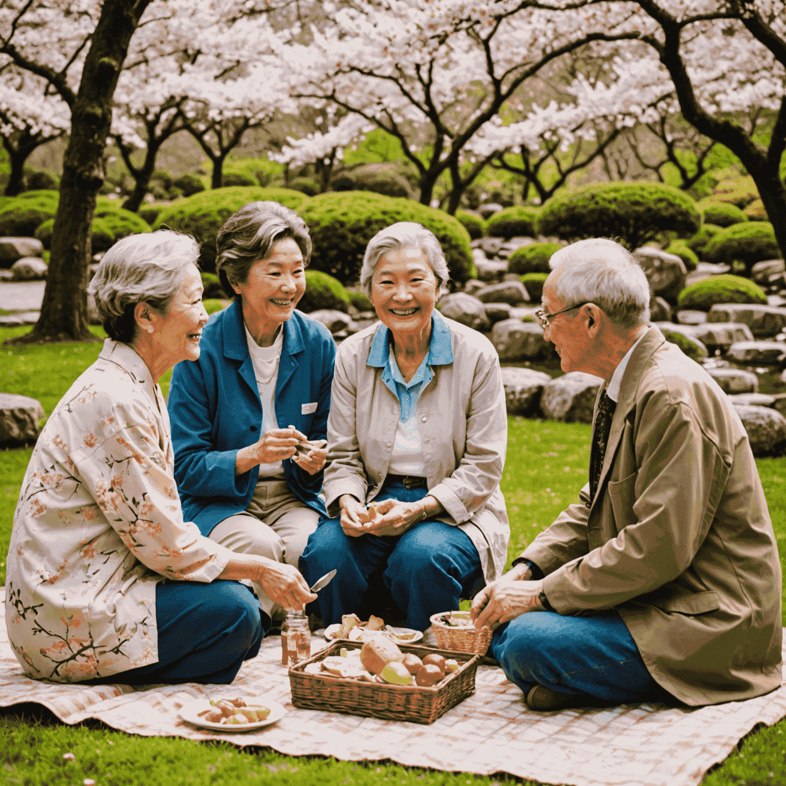 A group of smiling seniors enjoying a picnic in a beautiful Japanese garden. They are dressed in colorful, comfortable clothing and are engaged in lively conversation. Cherry blossoms are blooming in the background, symbolizing new beginnings and the beauty of life after 60.