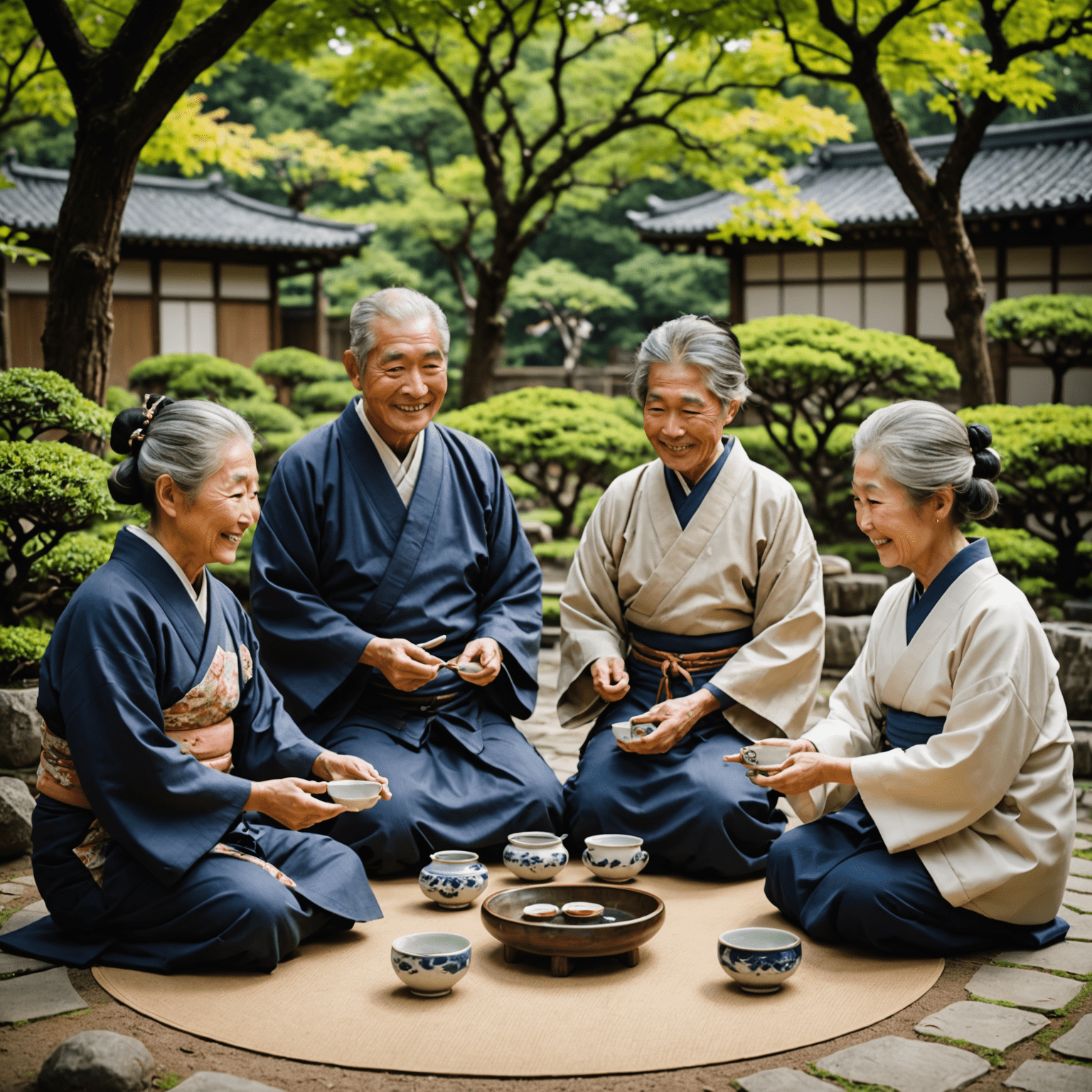 A group of smiling senior Japanese people enjoying a tea ceremony in a traditional garden, symbolizing friendship and cultural activities for the elderly