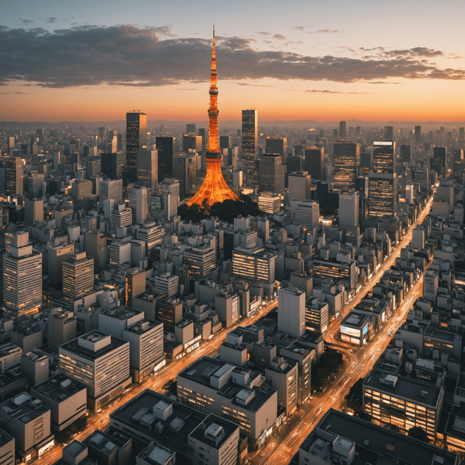 A panoramic view of Tokyo's skyline at sunset, showcasing a mix of traditional temples and modern skyscrapers