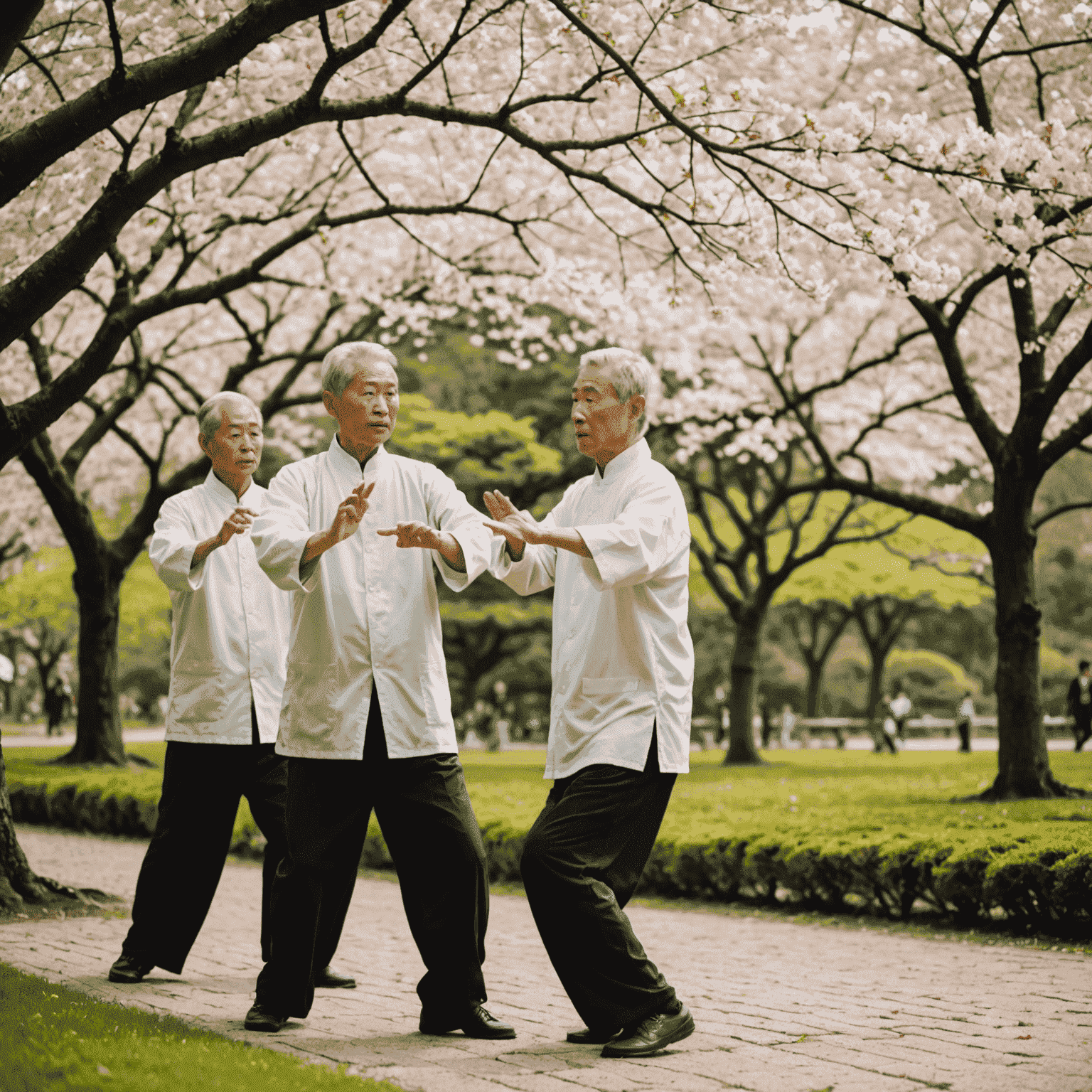 Senior Japanese people practicing tai chi in a serene garden with cherry blossoms