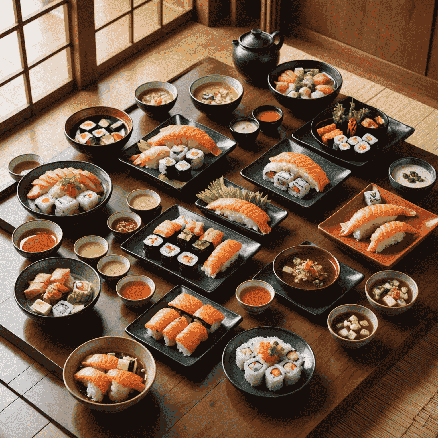 A colorful spread of Japanese dishes including sushi, miso soup, and grilled fish, arranged on a low table with comfortable floor cushions, perfect for senior dining
