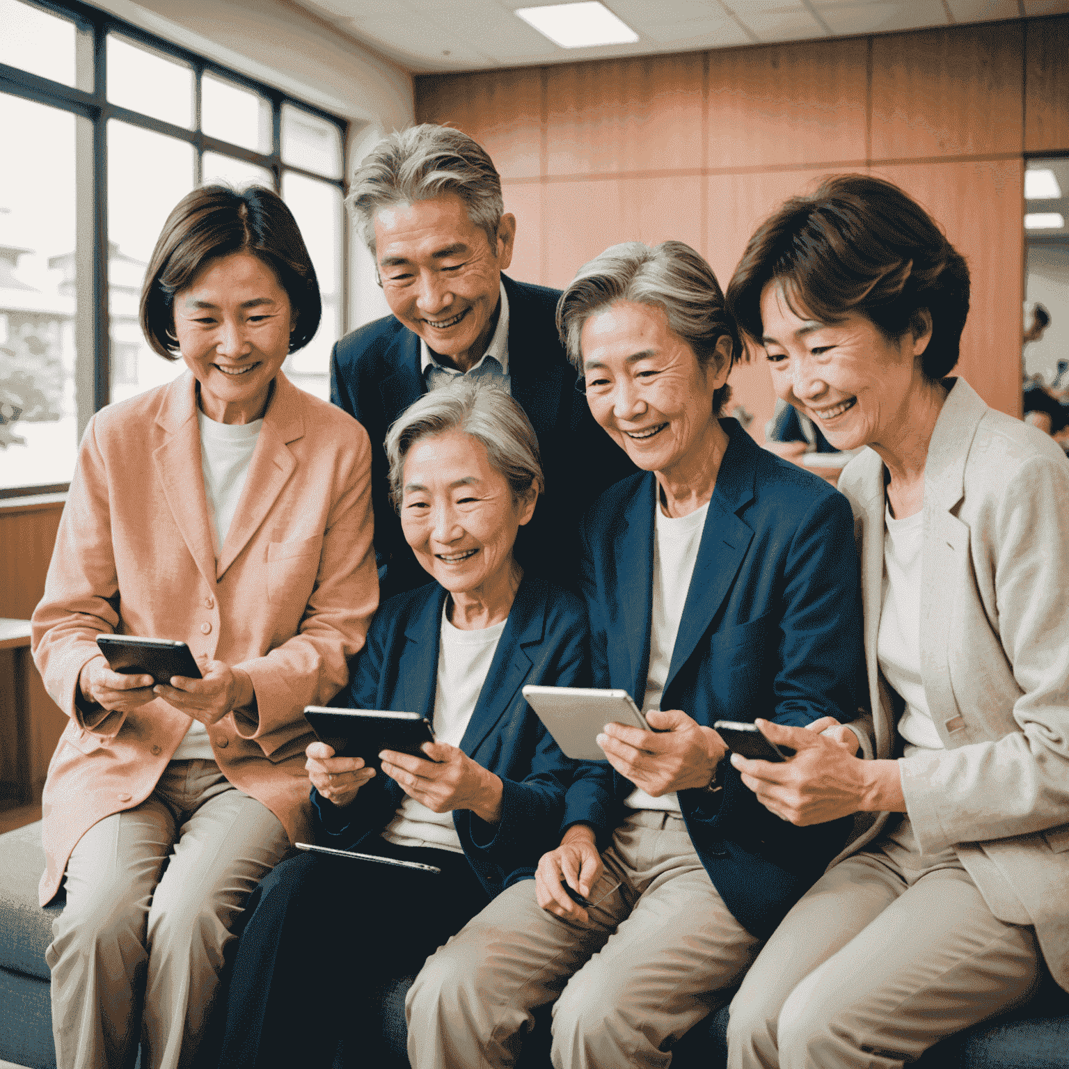 A group of smiling senior Japanese people using smartphones and tablets together in a bright, modern community center