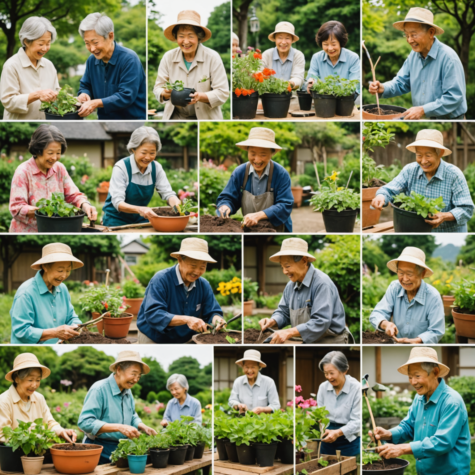 A collage of smiling Japanese seniors engaged in various activities like gardening, painting, and teaching
