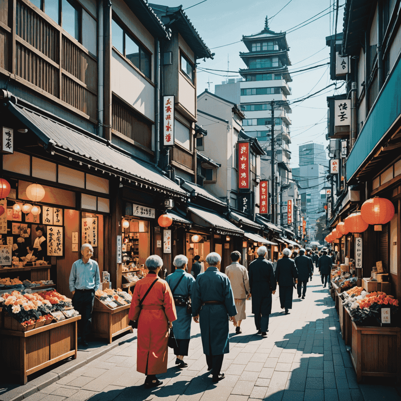 Colorful street in Tokyo with traditional shops and modern buildings, seniors exploring and enjoying the scenery
