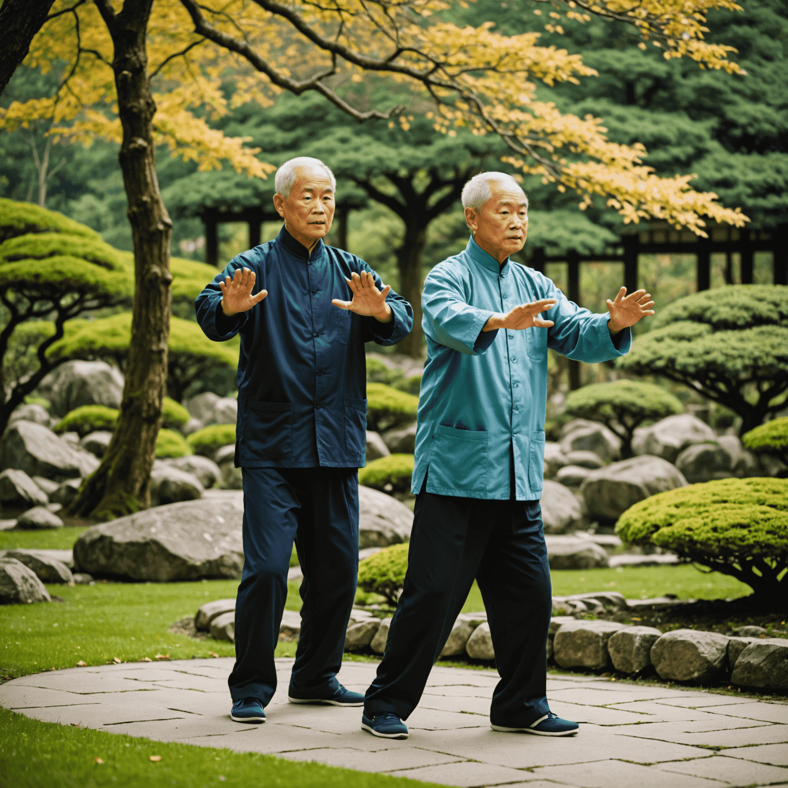 Senior individuals practicing tai chi in a peaceful Japanese garden, demonstrating gentle exercises