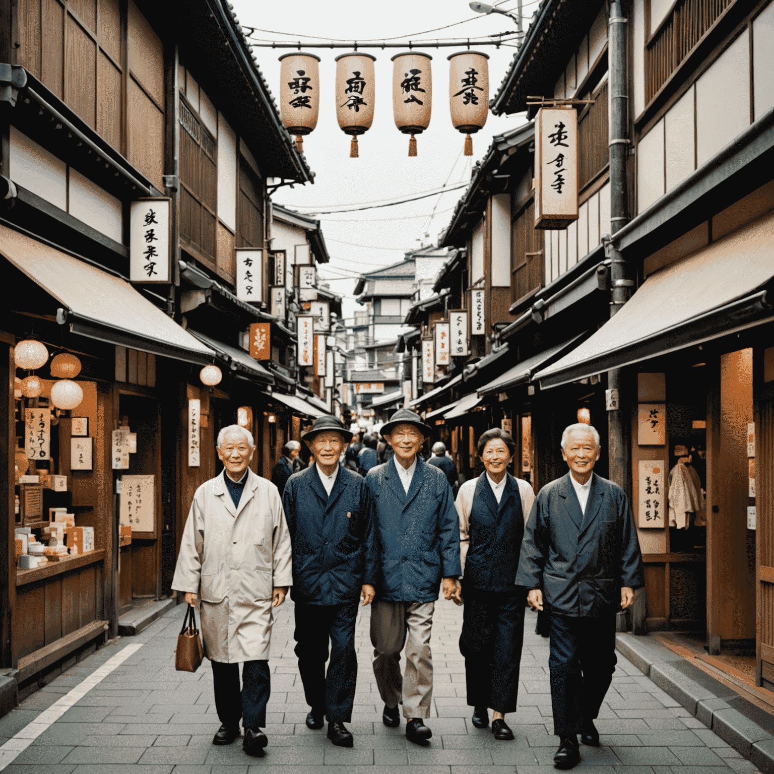Seniors walking along the quaint Yanaka Ginza shopping street, lined with traditional Japanese shops and eateries