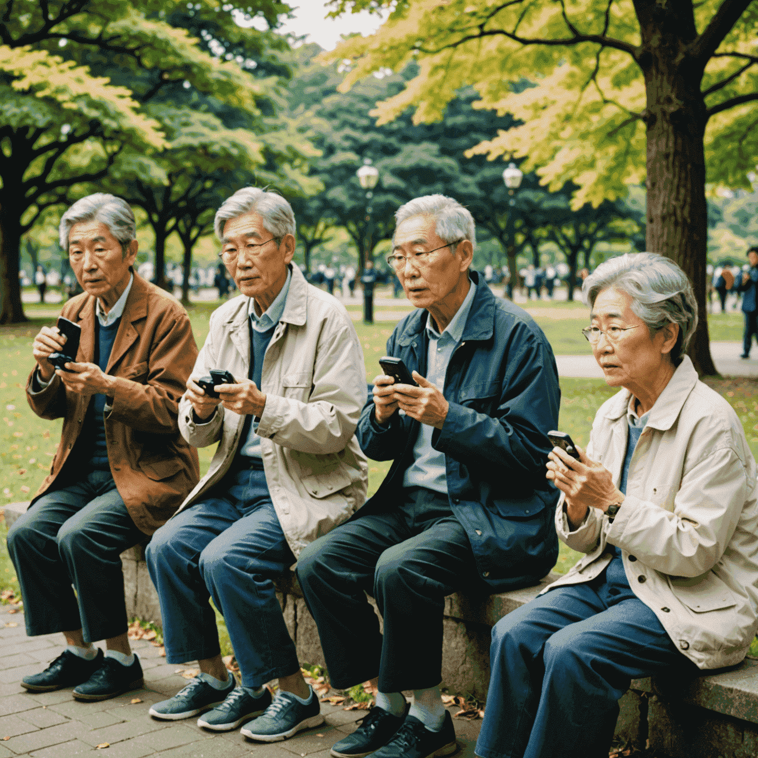 Group of senior Japanese people doing Radio Taiso exercises in a park