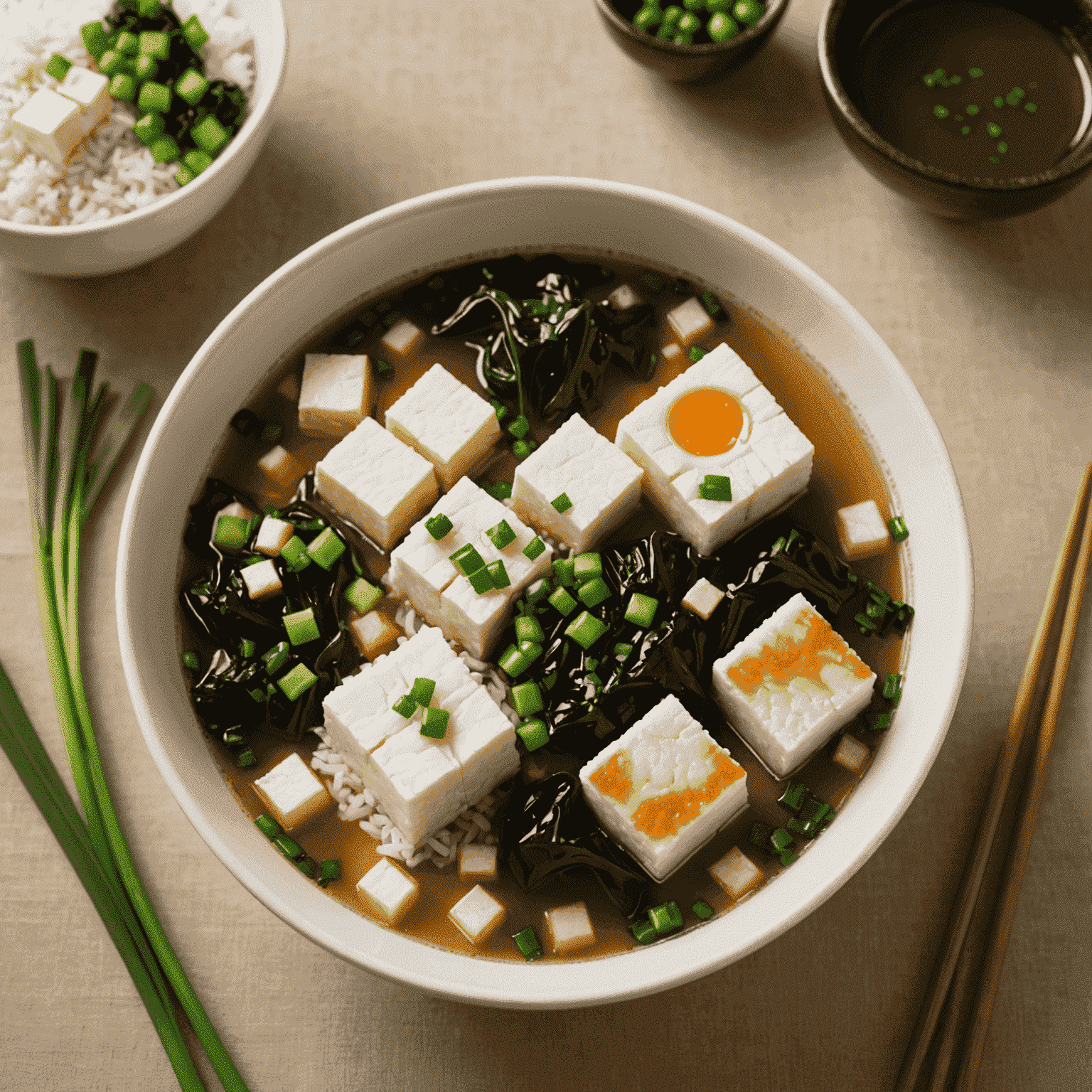 A steaming bowl of miso soup with soft tofu cubes, seaweed, and green onions, served with a side of rice, easy for seniors to eat