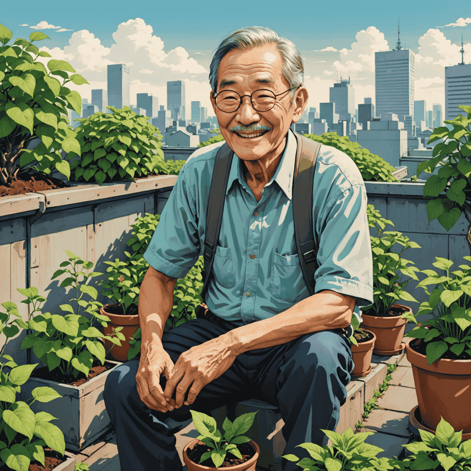 Hiroshi Tanaka, a 72-year-old man with a warm smile, tending to a lush rooftop garden in Tokyo