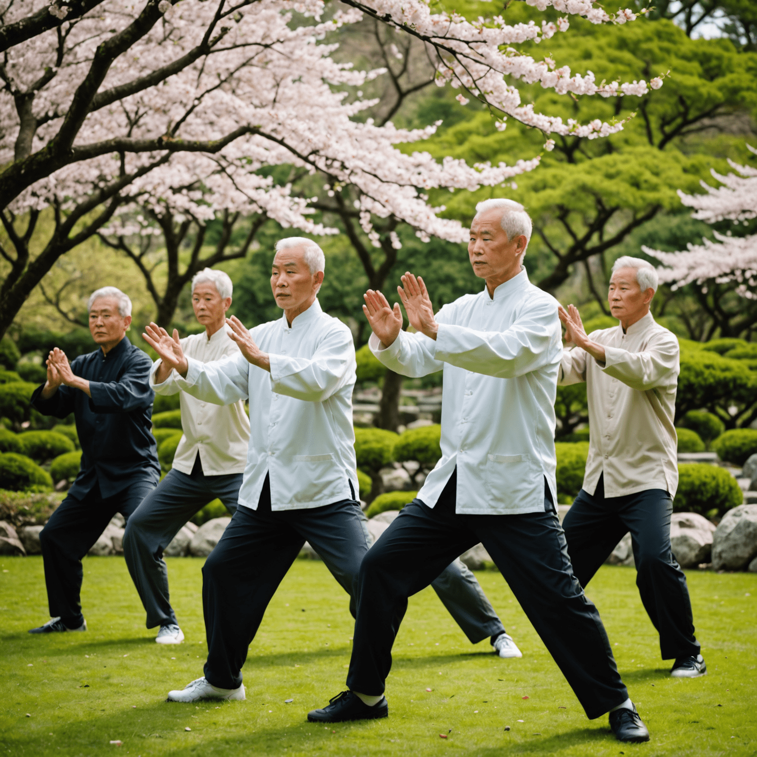 Senior group practicing tai chi in a beautiful Japanese garden, with cherry blossoms in the background