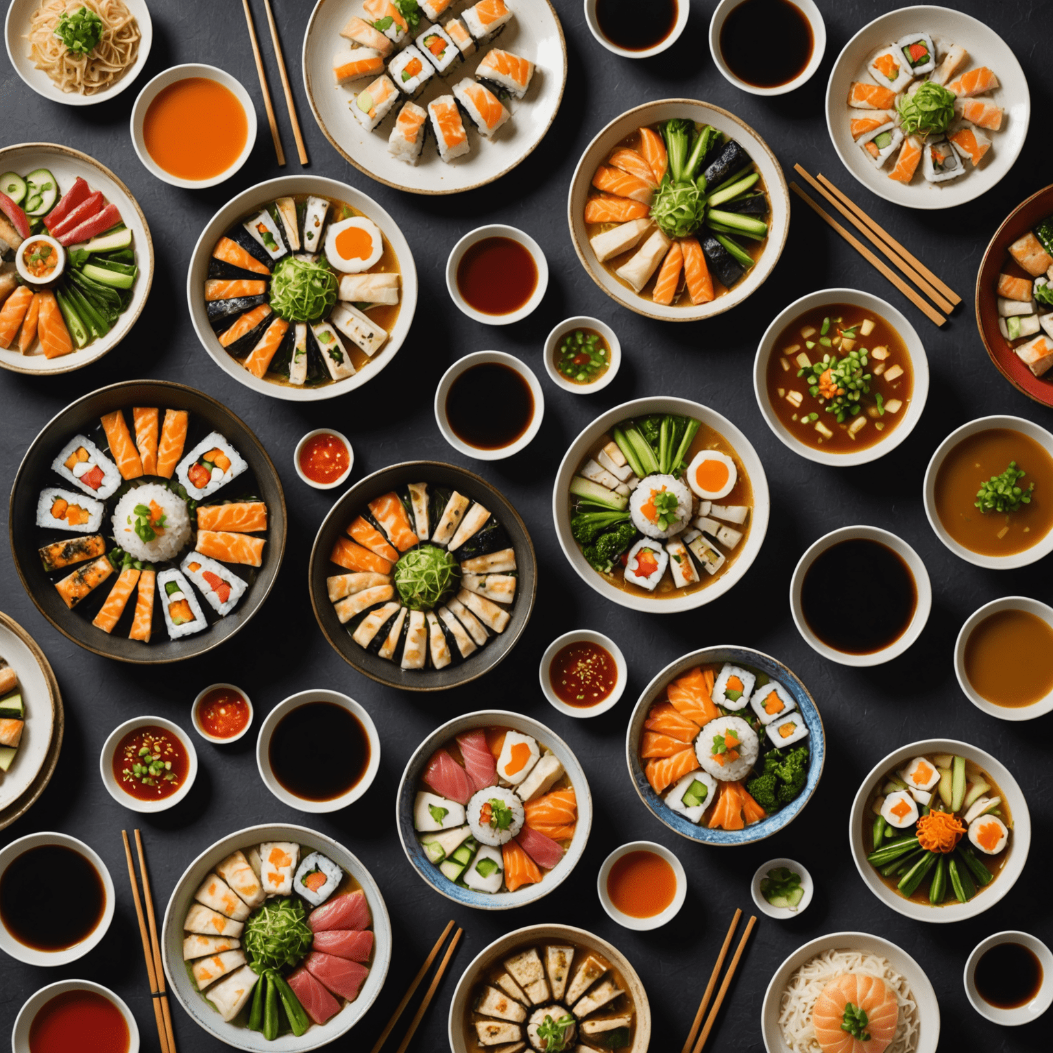 A colorful spread of senior-friendly Japanese dishes, including miso soup, sushi rolls, and grilled vegetables