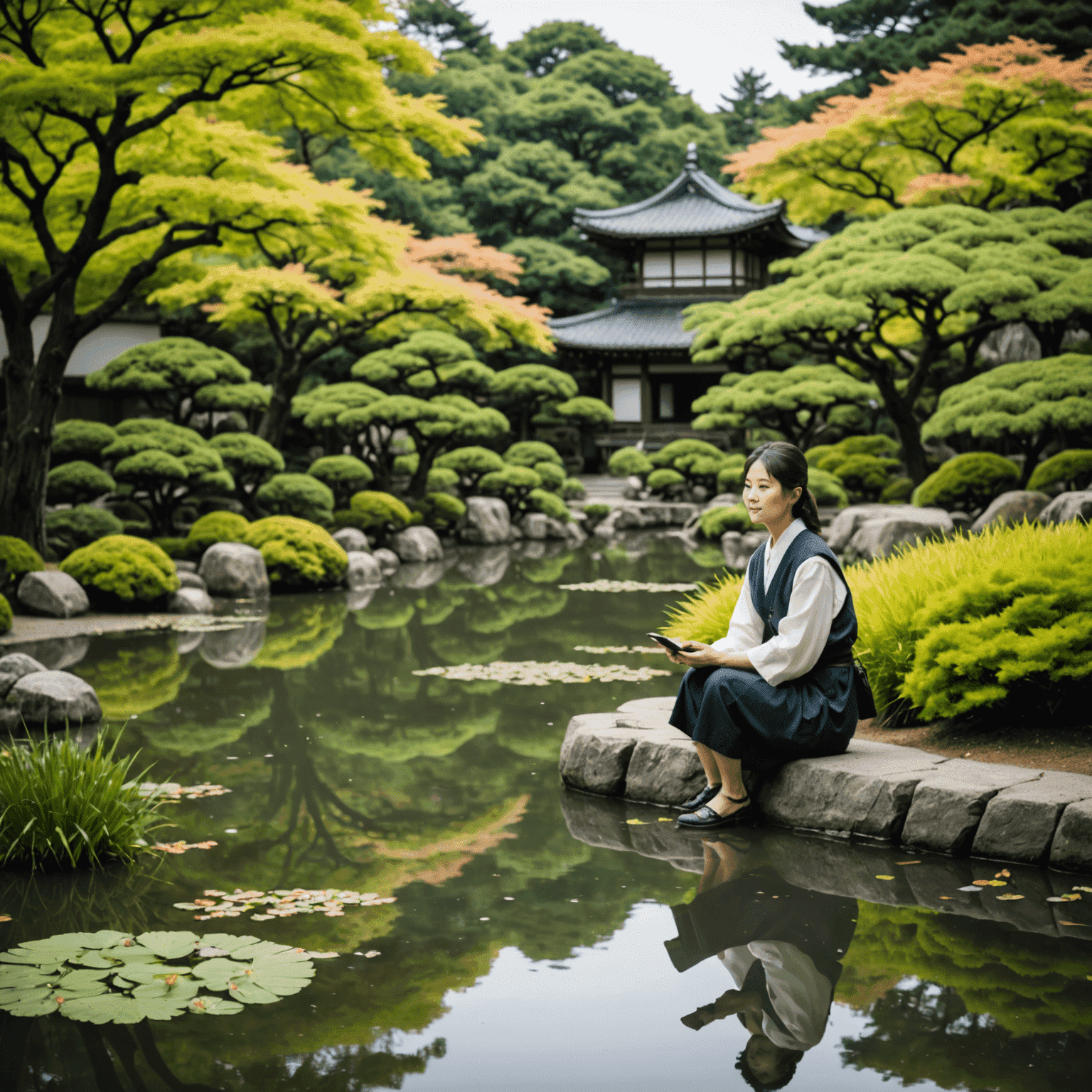 Senior photographers capturing the beauty of Kiyosumi Gardens, with its picturesque pond and traditional Japanese landscaping