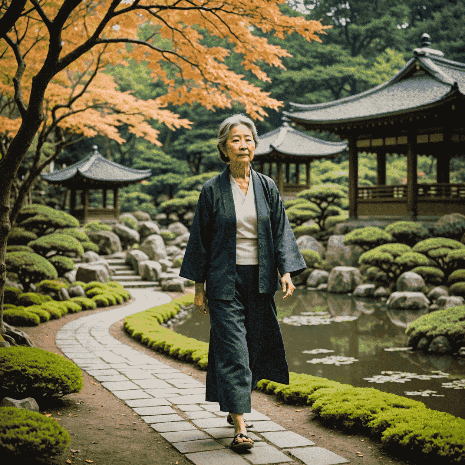 Senior Japanese woman practicing walking meditation in a peaceful Japanese garden