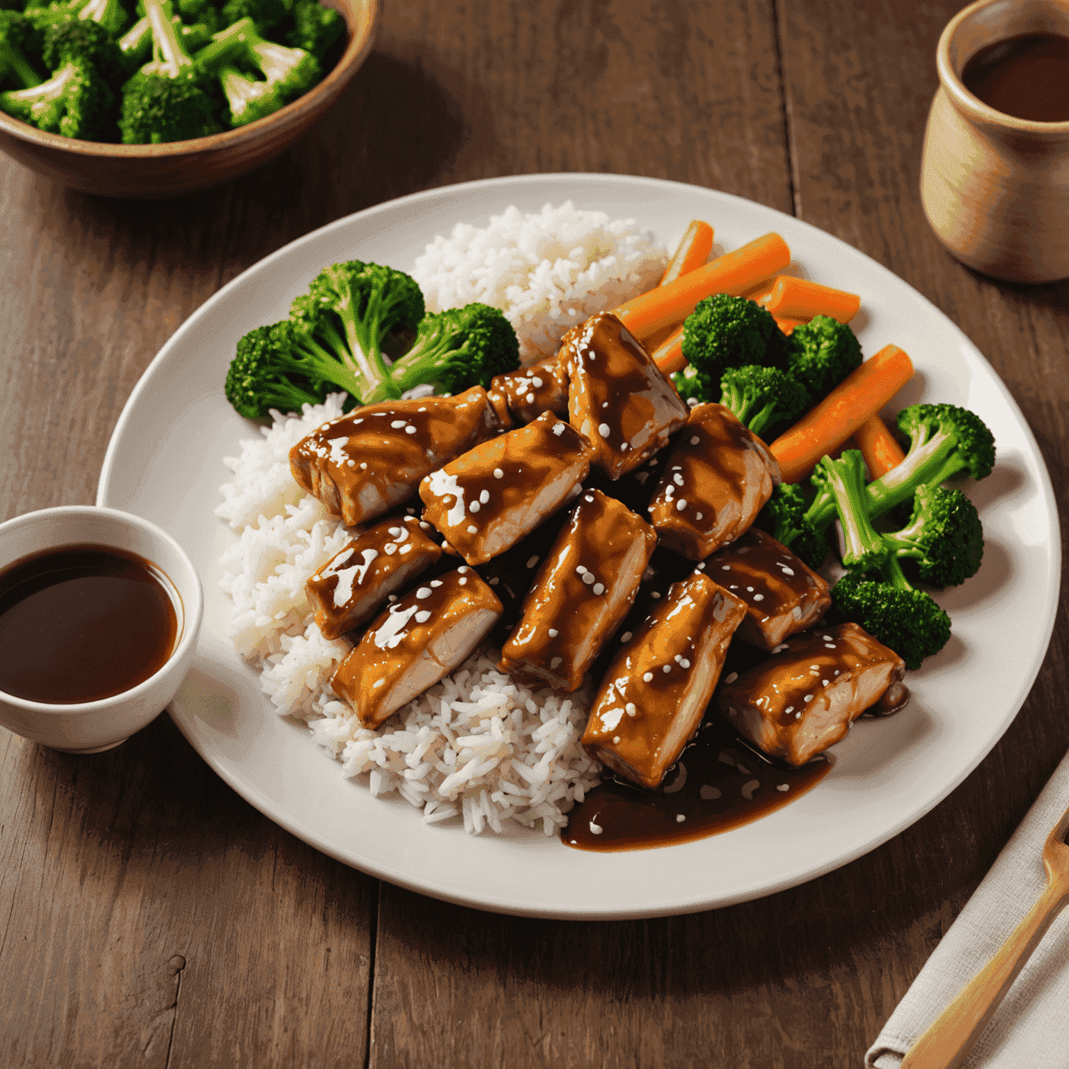 Bite-sized pieces of teriyaki chicken with a glossy sauce, served with steamed vegetables and rice, all cut into manageable sizes for seniors