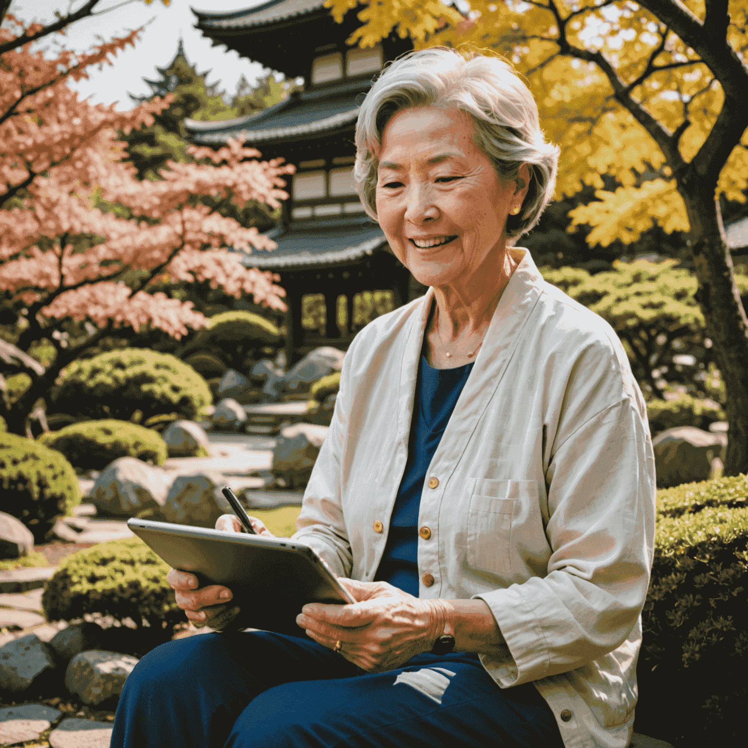 A cheerful senior woman using a health app on her tablet while sitting in a sunny Japanese garden