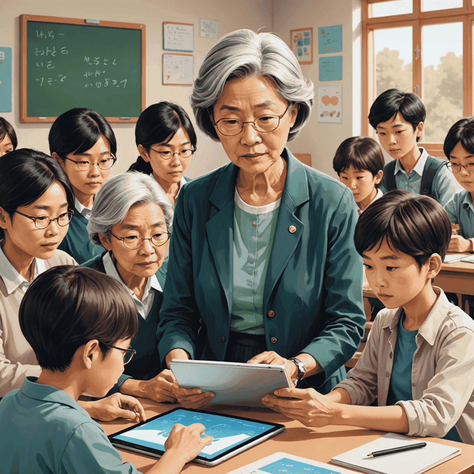 Yumiko Sato, a 68-year-old woman, confidently using a tablet while surrounded by younger people in a classroom setting
