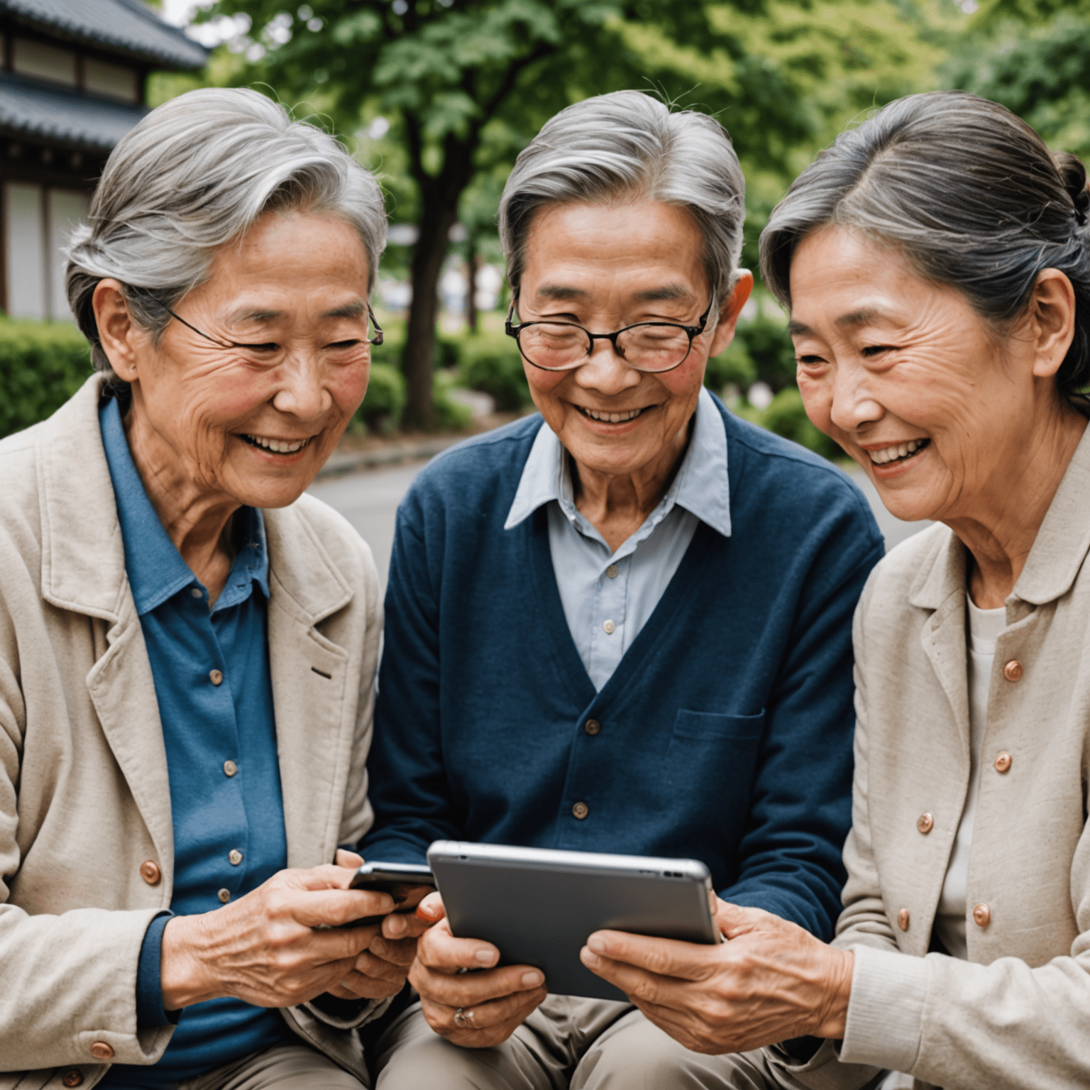 Smiling senior citizens using smartphones and tablets, with Japanese app interfaces visible on screens