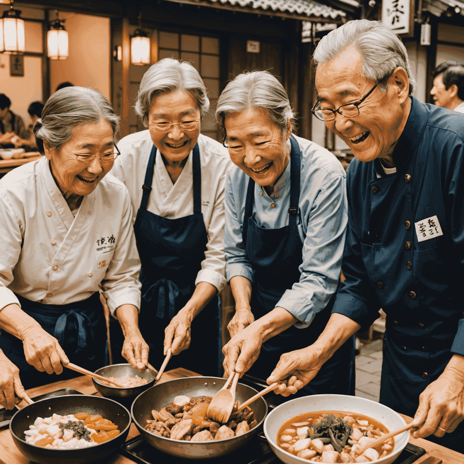 A group of senior citizens enjoying a monjayaki cooking class on Tsukishima's Monja Street, laughing and interacting with each other