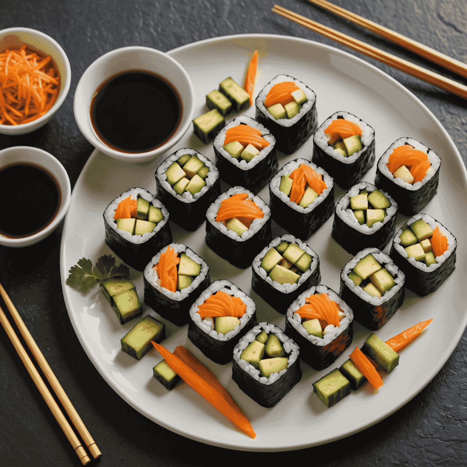 Colorful vegetable sushi rolls cut into bite-sized pieces, featuring avocado, cucumber, and carrot, arranged on a plate with chopsticks and soy sauce