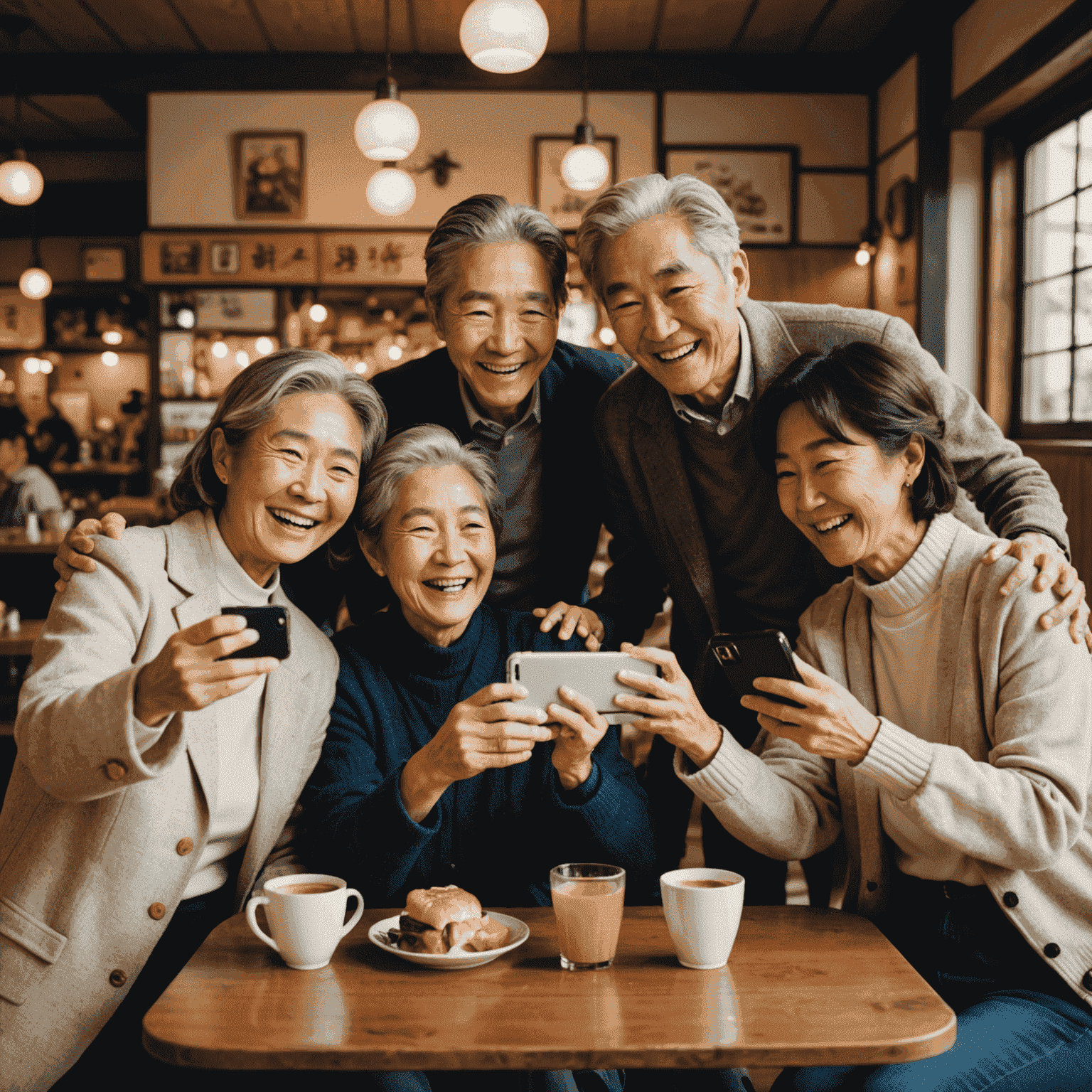 A group of senior Japanese friends laughing and taking a selfie together using a smartphone in a cozy cafe