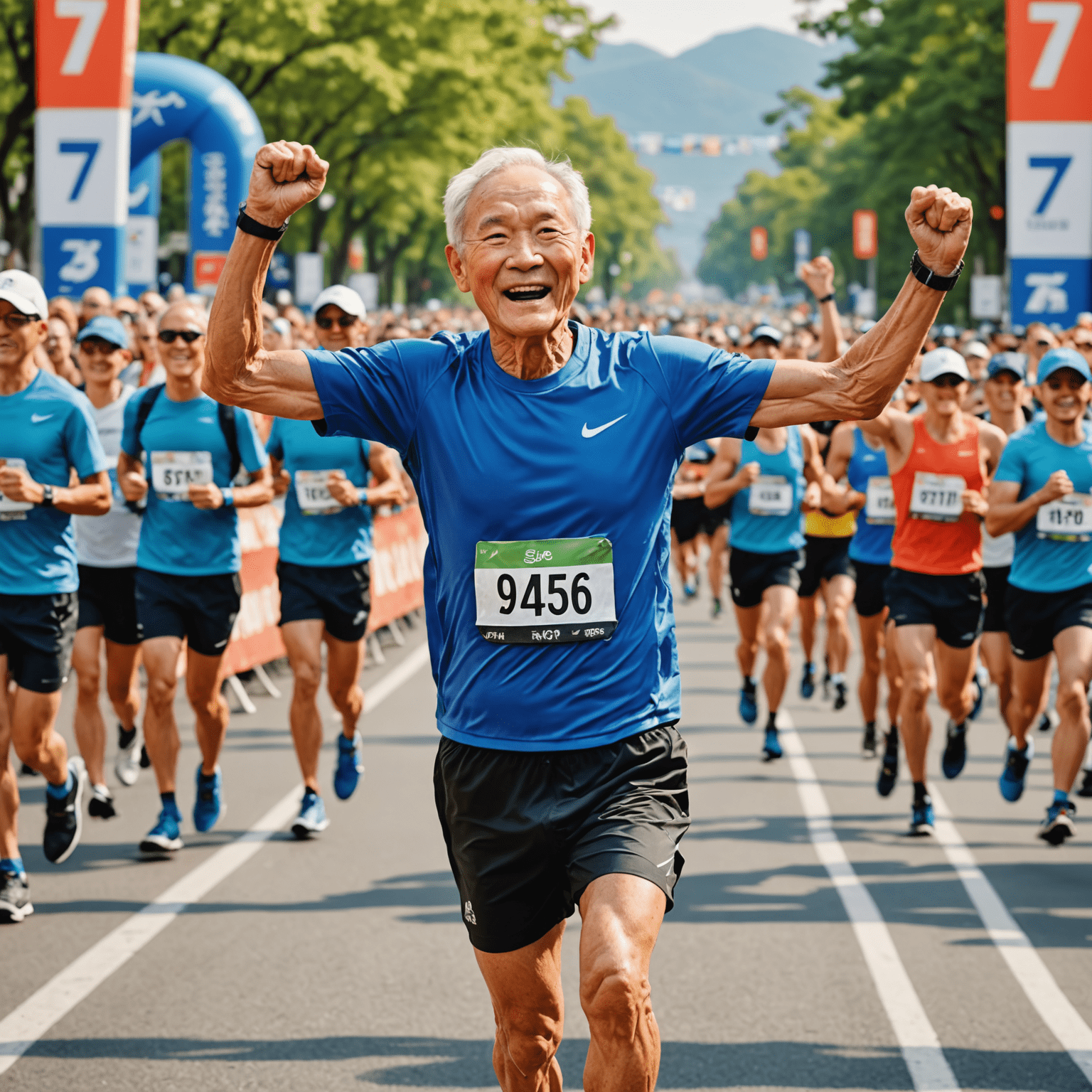 Kenji Yamamoto, a fit 75-year-old man, crossing a marathon finish line with his arms raised in triumph