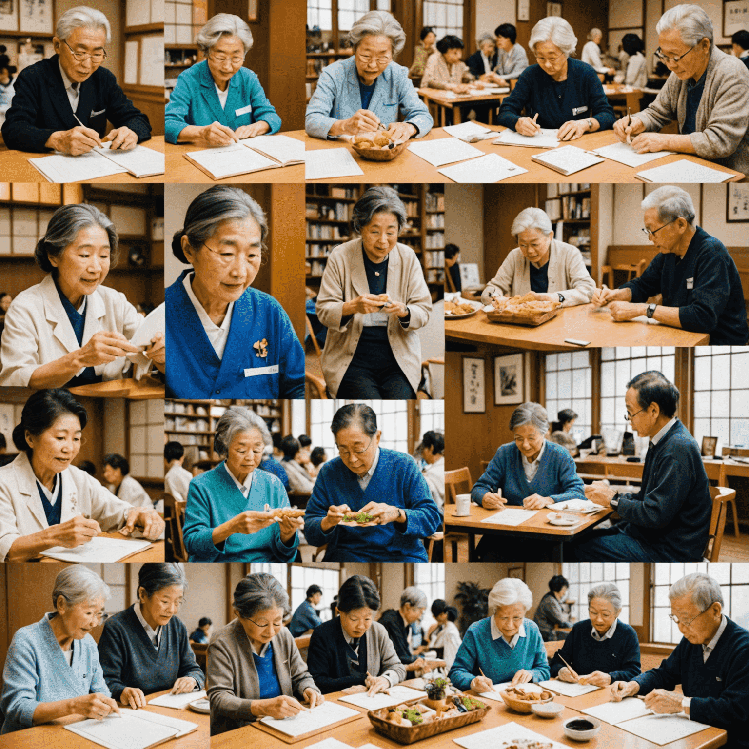 Collage of active seniors in Japan engaged in various activities like teaching, volunteering, and participating in community events
