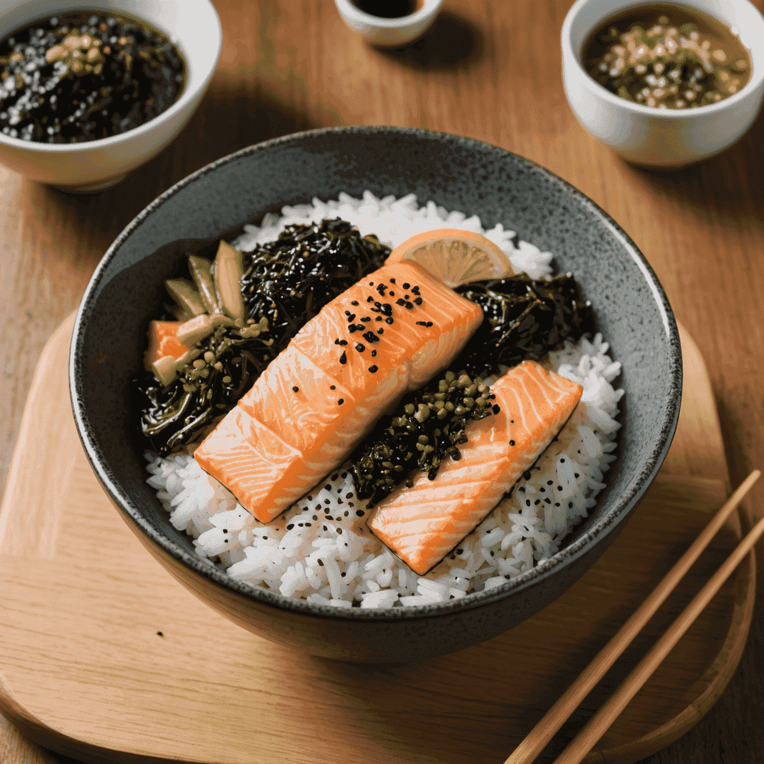 A comforting bowl of ochazuke with green tea poured over rice, topped with soft flakes of salmon, nori seaweed, and a sprinkle of sesame seeds
