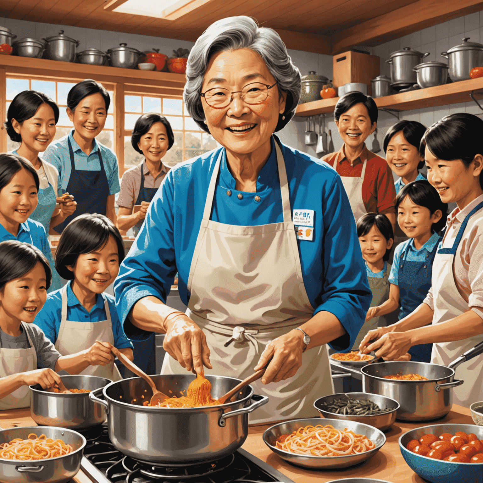 Akiko Mori, a cheerful 70-year-old woman, cooking in a community kitchen surrounded by eager learners of various ages
