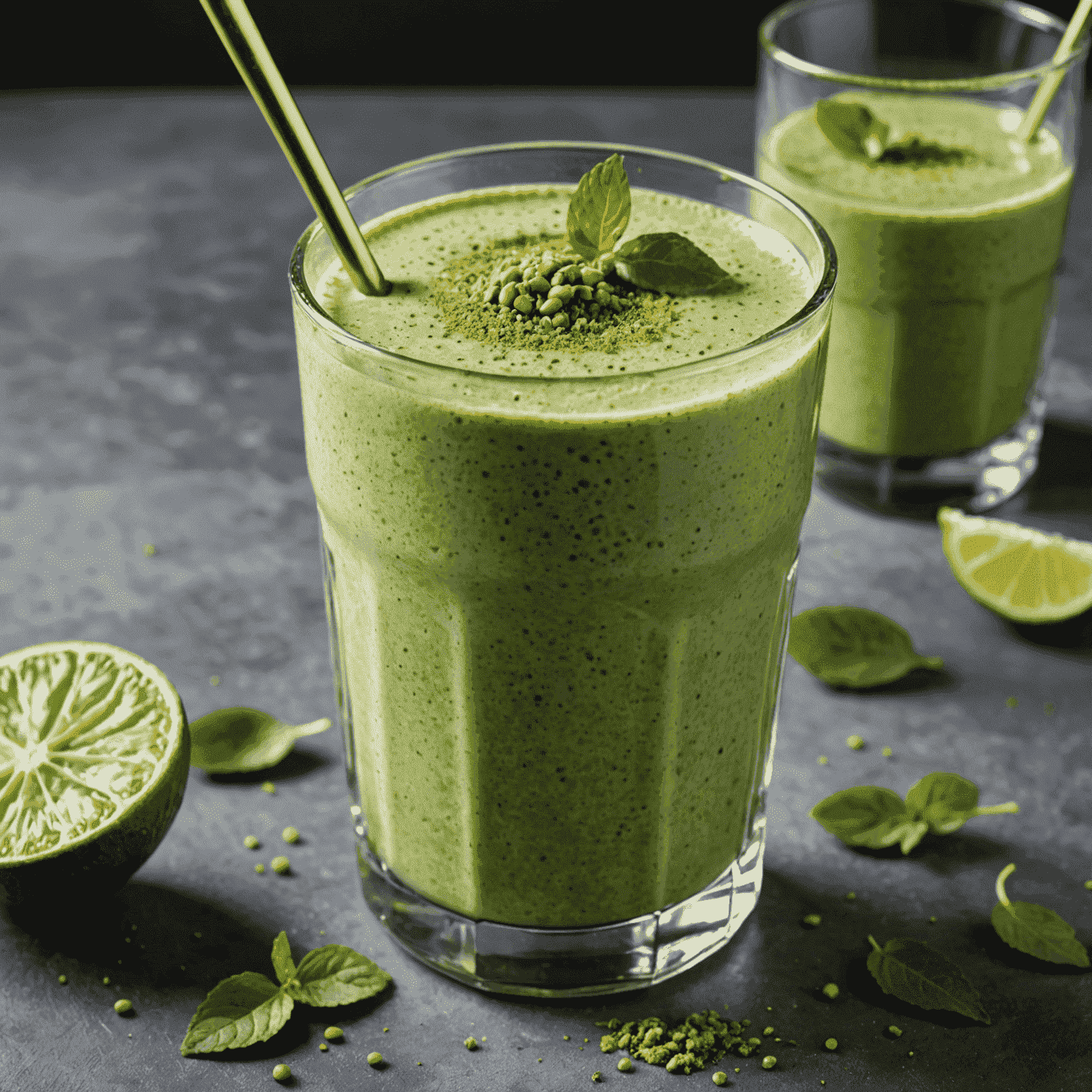 A creamy green matcha smoothie in a clear glass, garnished with a sprinkle of matcha powder and a small spoon, perfect for seniors to sip
