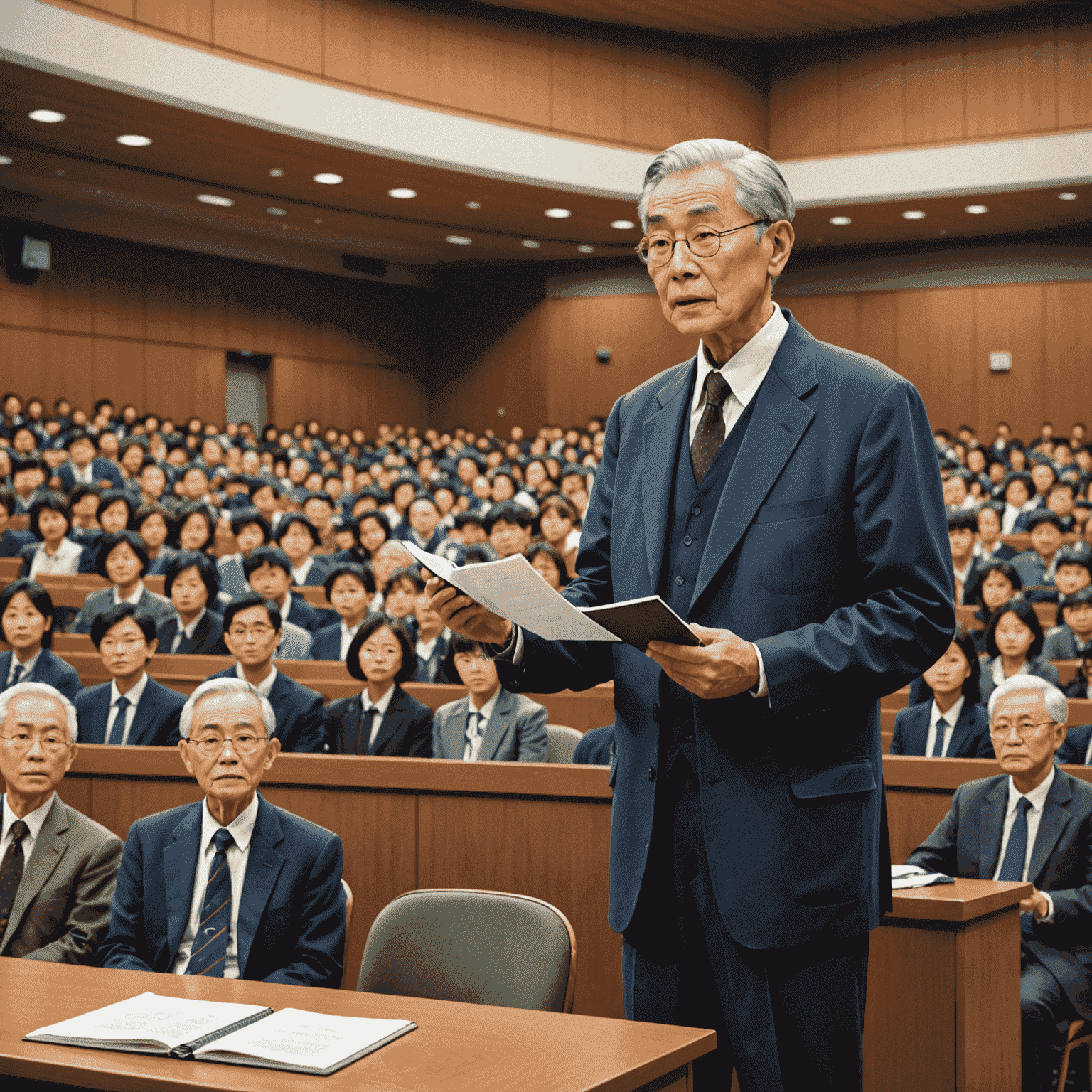 Takeshi Suzuki, an 80-year-old man with a scholarly appearance, giving a presentation in a university auditorium